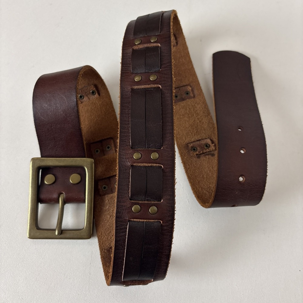 Lucky Brand Belt Men's 36 Brown Wide Leather Studs Buckle Y2K Heavy Duty Classic